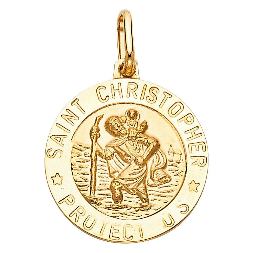14K Yellow Gold Small St. Christopher Round Medal Charm Pendant